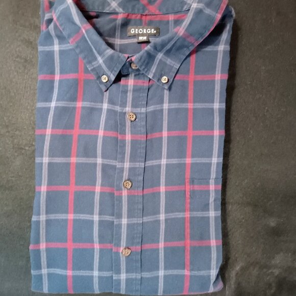 VGUC: George Sze 3XL Navy & Red Plaid Classic Button-Down Flannel Shirt - Picture 4 of 4